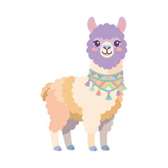 Fototapeta premium Cute Llama Illustration: A charming llama with a fluffy pastel mane and a colorful patterned scarf stands with a gentle expression, rendered in a vibrant, cartoonish style.