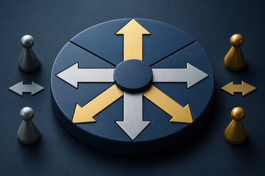 Decision making strategy wheel with arrows and business leaders 3D render