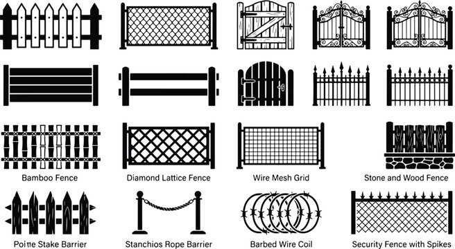Black and white set of fence and gate design icons with security protection silhouette architecture construction boundary ornamental entrance isolated elements property