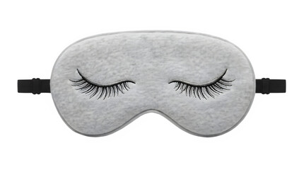 Soft grey plush sleep mask with embroidered closed eyes and long eyelashes isolated on transparent background © LENSORIA