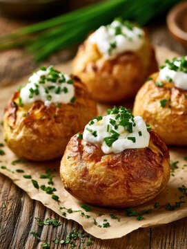 Baked potatoes topped with sour cream and chives on wooden table