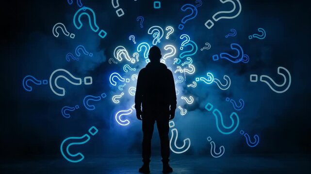silhouette of an anonymous man standing in front of a glowing wall of neon blue question marks representing business confusion decision making uncertainty problems and solutions in dark abstract 
