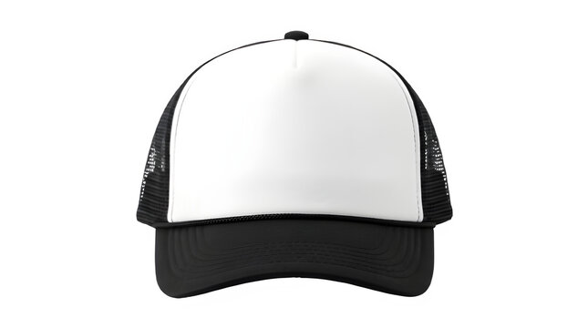 Blank white trucker hat with black brim and mesh back isolated on transparent background