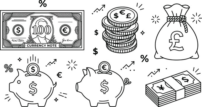 Financial money icon set vector illustration with piggy bank coins currency note bag stack growth arrow line art