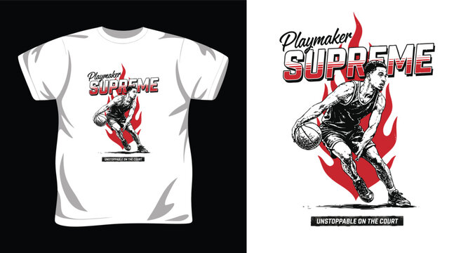 Basketball player dribbling ball with fire flames graphic t shirt design.