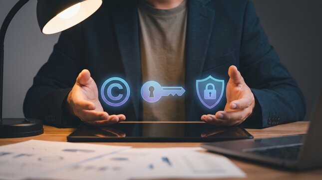 Intellectual Property Protection Concept with Copyright Licensing Security Hologram Icons on Business Documents, Digital Rights Management, Legal Innovation and Technology