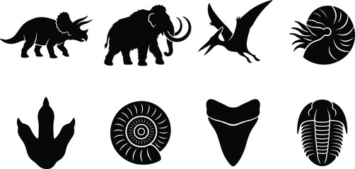 Collection of prehistoric dinosaur silhouettes woolly mammoth and ancient marine fossil icons isolated on white background © Mehedi