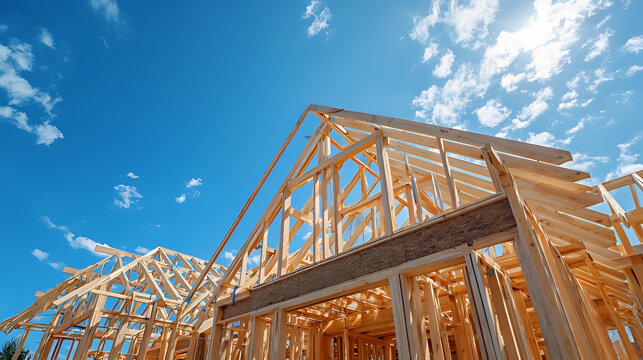 New build wood truss construction of house roof frame - Timber framework stage of a new residential home attic construction using trusses for roof structure. Construction site set against a blue sky