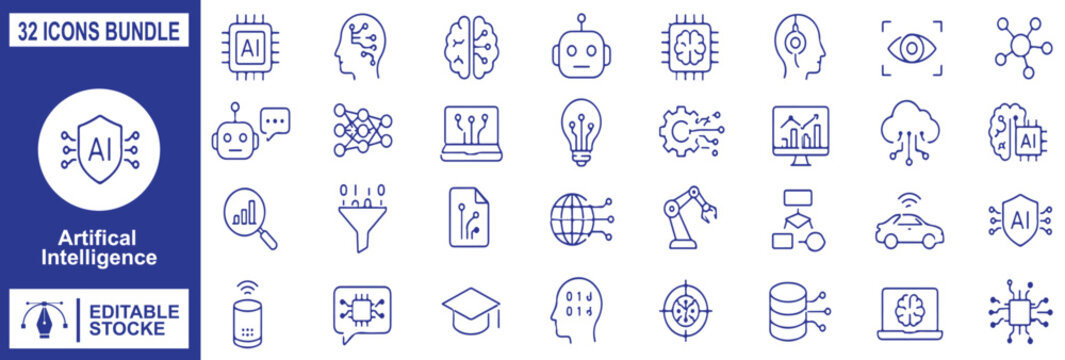 Artificial Intelligence Line Icons Bundle, 32 AI and Machine Learning Vector Illustrations Set