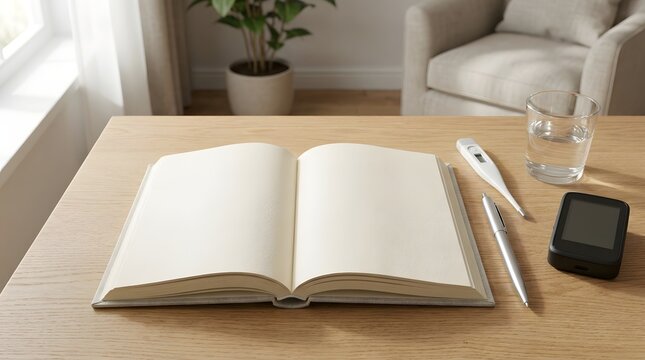 A serene workspace with an open book and medical supplies on a desk