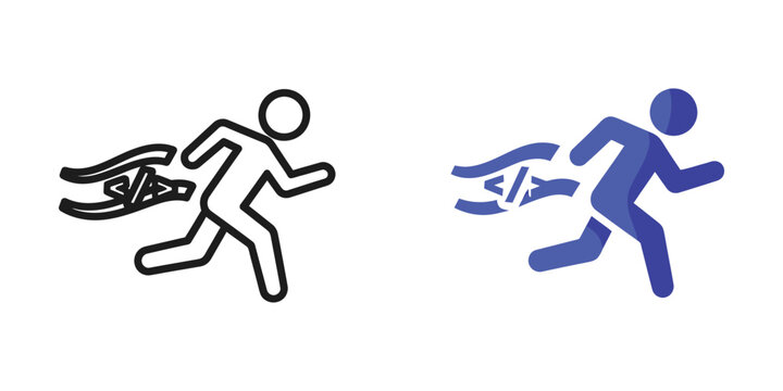 Running person with coding tag symbol representing fast software development and agile programming processes