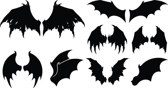 Collection of spooky monster and bat wings black silhouettes including dragon demon and vampire wing shapes isolated on white background