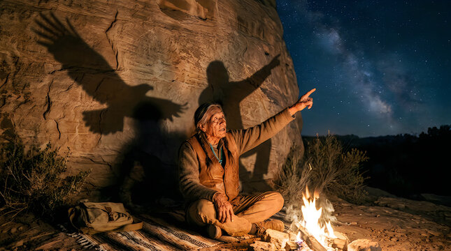 Man sitting by campfire, shadow of eagle on rock, nighttime outdoor scene, wilderness adventure