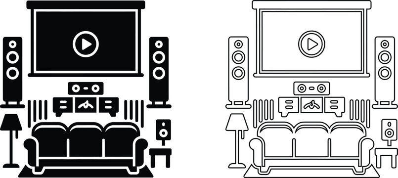 Home theater setup illustration projector screen sound system and comfortable seating arrangement