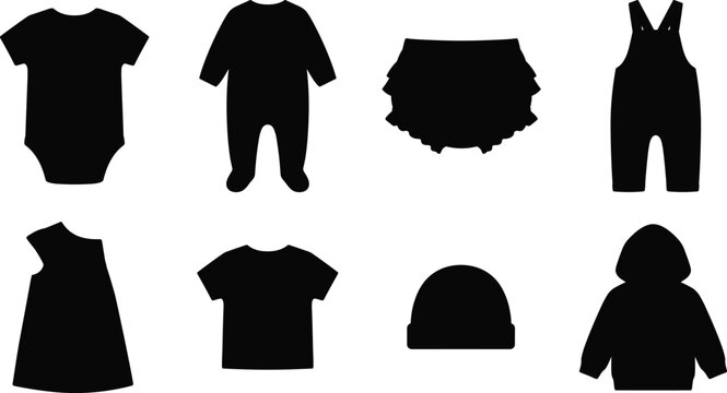 Collection of baby clothing flat icons featuring black silhouettes of bodysuit romper dress t-shirt and accessories isolated on white background