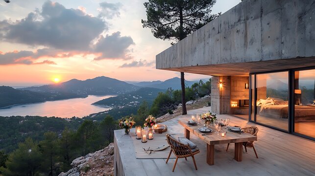 Coastal villa with outdoor dining. Sunset view, mountains, candles, table setting, glass walls, and modern architecture