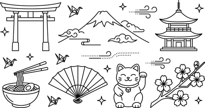 Japan travel cultural tradition icon set line art featuring mount fuji torii gate pagoda ramen maneki neko blossom