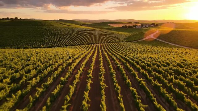 Aerial view of a lush vineyard during a golden sunset hour