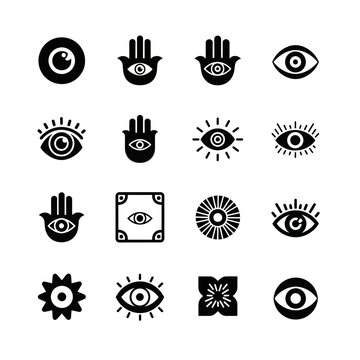 Collection of mystical eye and hamsa hand symbols.