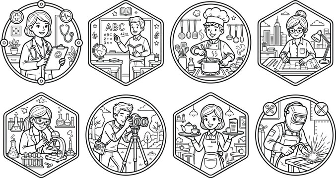 Diverse Careers and Professions Badges Line Art Vector Illustration Set