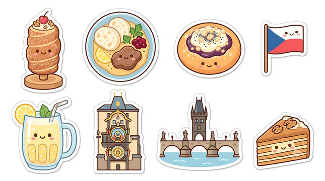 Cute Czech Food Sticker Pack &ndash; Trdeln&iacute;k, Dumplings and Czech Icons Kawaii Flat Illustration Set