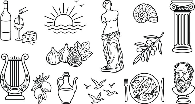 Ancient Greece Culture and Mediterranean Elements Line Art Vector Set