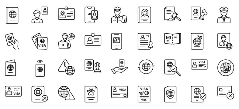 Passport visa and immigration line icons set, travel passport, visa document, identity card, customs officer, stamp & more vector illustration with editable stroke