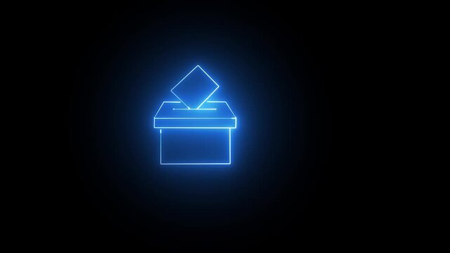 Neon blue ballot box icon on black background a glowing outline of a with paper being inserted, isolated on dark