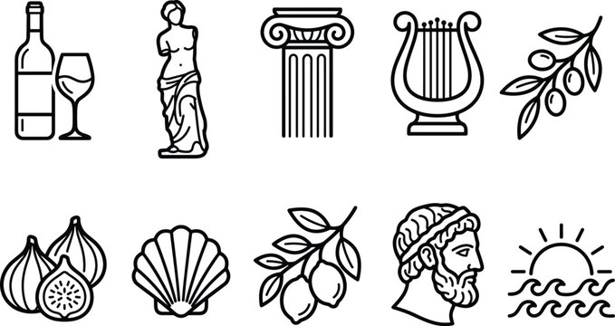 Ancient Greece Culture and Mediterranean Elements Line Art Vector Set