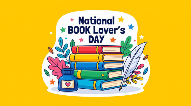 National book lover's day colorful illustration with books and ink bottle