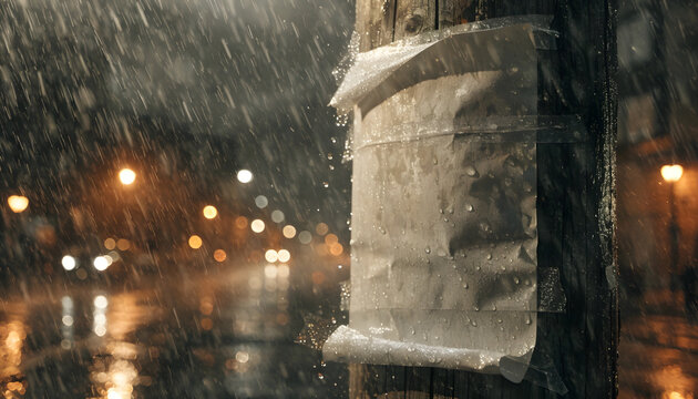 Blank wet paper poster attached to a wooden post. Street advertisement and missing person notice. Wet poster sheet peeling off a pole during a heavy night rainstorm