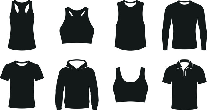 Collection of sportswear flat icons featuring black t-shirts tank tops hoodie and sports bras isolated on white background