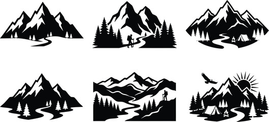 Mountain Landscape Silhouette Vector Collection Featuring Hiking Camping Forest Adventure and Nature Scenic Logo Designs Set © MDKANAL