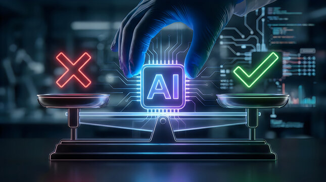 Ai technology approval check with red cross and green check mark on digital screen