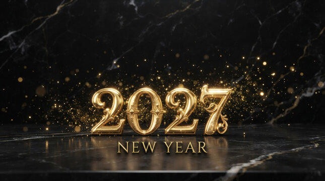 Golden 2027 New Year, luxury celebration background, shiny gold text, black marble