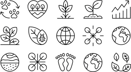 Obraz premium Minimalist black outline ecology and smart agriculture icons collection set isolated on white background for green business presentation environmental technology and nature vector illustrations