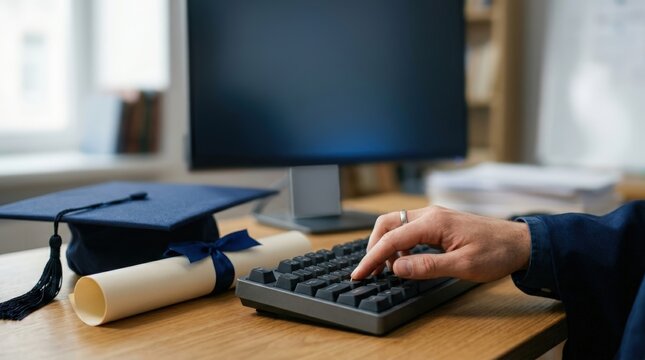 Graduate hand typing on keyboard near diploma and graduation cap at desk