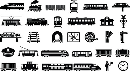 Railway Transportation Icons Collection with Trains Tracks Stations Freight and Transit Symbols Black Vector Set © MDKANAL
