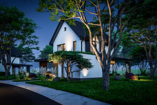 3d rendering of contemporary architectural luxury house exterior at night. Modern Scandinavian style family home, dramatic exterior lighting and garden landscaping at twilight
