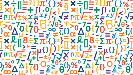 Colorful seamless pattern of mathematical symbols, numbers, and equations on a white background, representing education, science, and abstract concepts. Flat vector illustration EPS 10. © Robich Art