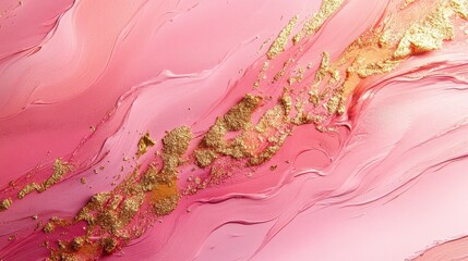 Fototapeta premium Pink marble texture with gold leaf. Abstract luxury background with flowing liquid paint and glitter.