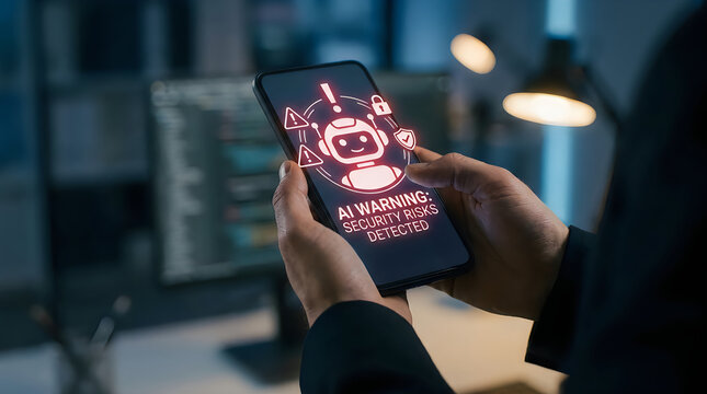 Security robot with warning sign detecting risks in modern building hallway
