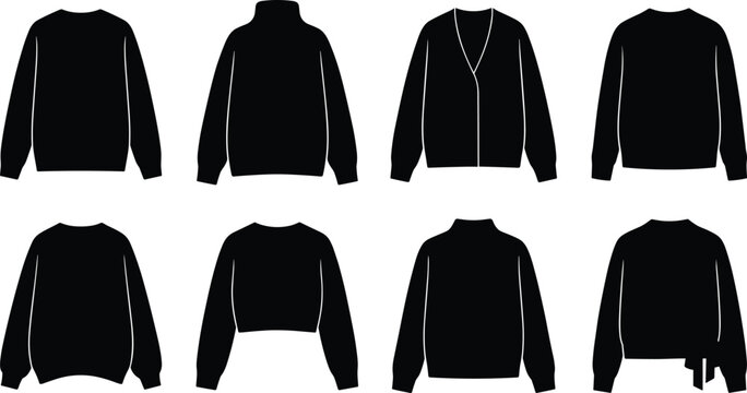 Collection of winter knitwear flat icons featuring black sweaters cardigans jumpers and pullover silhouettes isolated on white background