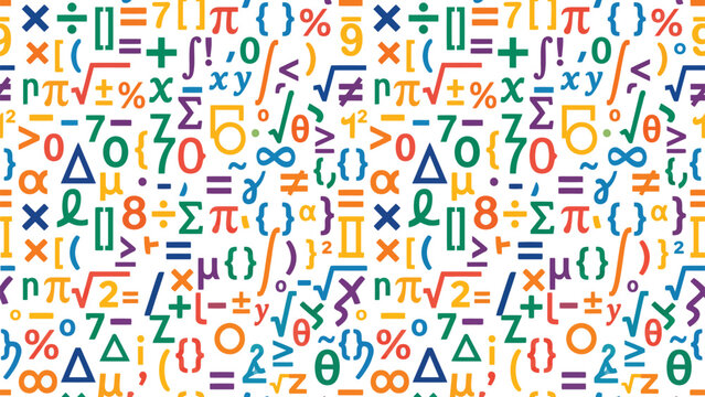 Colorful seamless pattern of mathematical symbols, numbers, and equations on a white background, representing education, science, and abstract concepts. Flat vector illustration EPS 10.