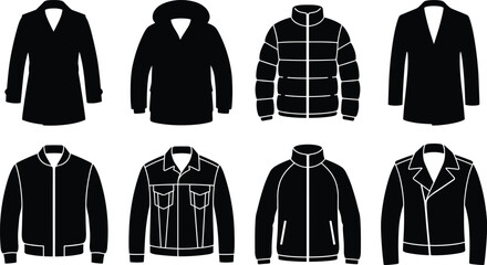 Collection of winter outerwear and jacket flat icons featuring black silhouettes of coats parkas bomber and denim jackets © Foredul