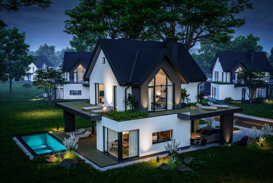 3d rendering of contemporary architectural luxury house exterior at night. Modern Scandinavian style family home, dramatic exterior lighting and garden landscaping at twilight