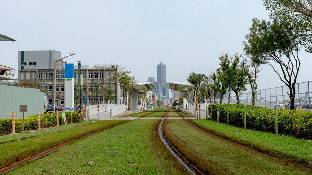 Tram line and skyline view in Kaohsiung, Taiwan
