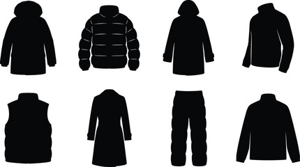 Collection of winter outerwear flat icons featuring black silhouettes of jackets puffer coat vest and trousers isolated on white background © Foredul