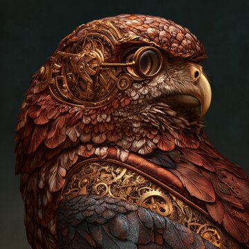 An owl head features intricate brass clockwork mechanisms and leather textures on a dark background showcasing detailed steampunk design.