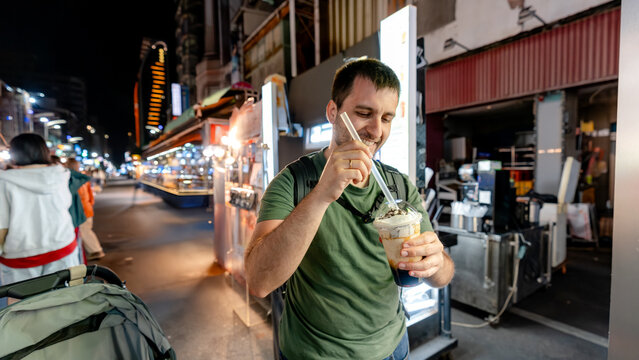 Enjoying Oreo bubble tea at Liuhe Night Market in Taiwan